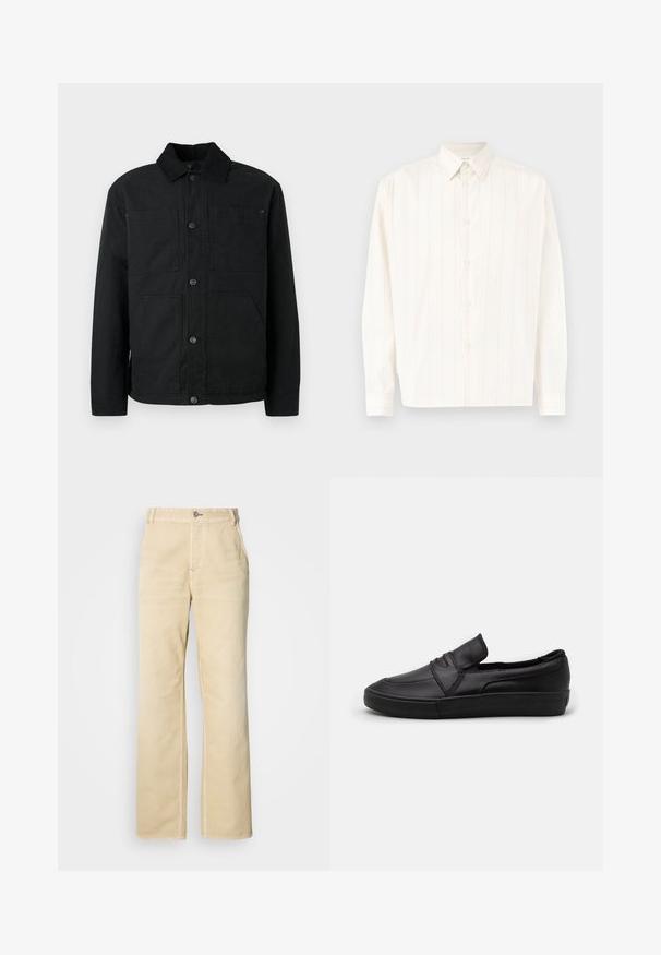 Schwarze Button-Up-Jacke mit Cordkragen und vier vorderen Taschen, präsentiert vor einem schlichten hellen Hintergrund.; Weißes Langarm-Hemd mit Knopfleiste, dezenten vertikalen Streifen und spitzem Kragen, flach auf einem hellen Hintergrund ausgelegt.; Khakifarbene Hose mit weitem Bein aus weicher Baumwolle, ausgestattet mit einem einzelnen Knopfverschluss, vorderen Taschen und sichtbaren Nähten entlang der Säume.; Schwarze Slipper aus glattem Leder, mit einem gesteppten Design an der Vorderseite und einer strukturierten Gummisohle für besseren Halt.