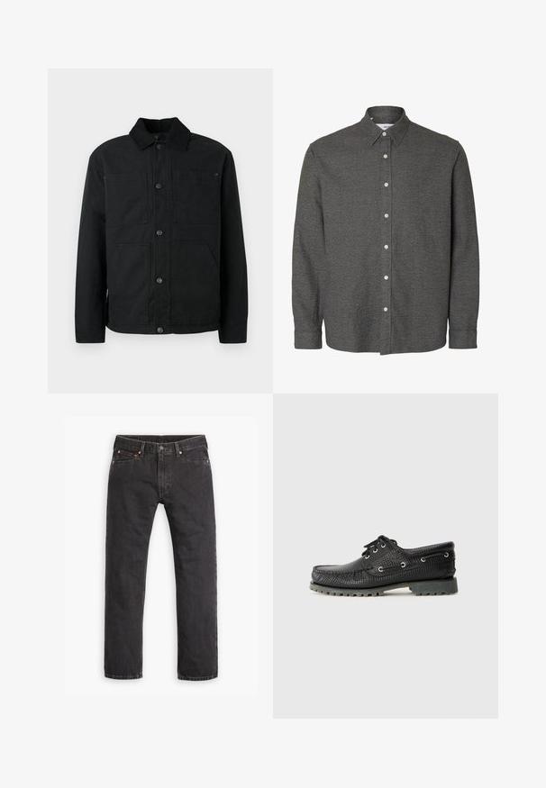 Zwarte button-up jas met een corduroy kraag en vier voorzakken, tentoongesteld tegen een effen lichte achtergrond.; Donkergrijs overhemd met lange mouwen, knopen, een puntige kraag en witte knopen aan de voorzijde in het midden.; Zwarte denim jeans met rechte pijpen, vijf zakken, knoopsluiting en koperen klinknagels, plat gelegd op een witte achtergrond.; Zwarte, gestructureerde veterschoen met een ronde neus, metalen veterogen en een robuuste grijze rubberen zool. Heeft een geweven patroon op het bovenwerk.