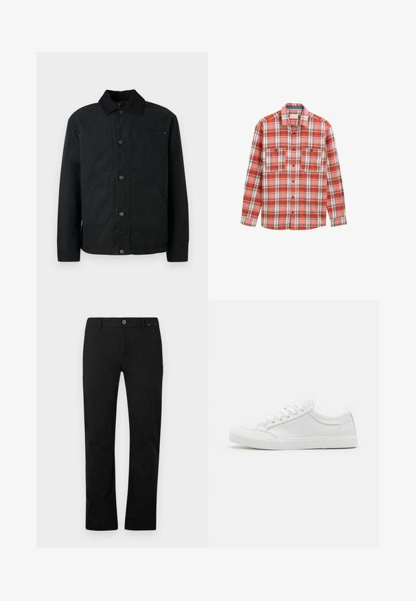 Schwarze Button-Up-Jacke mit Cordkragen und vier vorderen Taschen, präsentiert vor einem schlichten hellen Hintergrund.; Rot-weißer karierter Hemd mit langen Ärmeln, Button-down-Kragen, zwei Brusttaschen und braunen Knöpfen aus einem weichen Stoff.; Schwarze gerade geschnittene Hose mit Knopf- und Reißverschluss, Gürtelschlaufen und Seitentaschen, auf einem weißen Hintergrund präsentiert.; Weiße Sneakers mit einem Obermaterial aus glattem Leder, runder Zehenpartie, flacher Gummisohle und sechs Ösen für die Schnürsenkel. Subtile Nähdetails, minimalistisches Design.