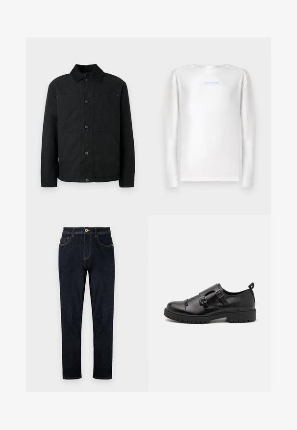 Schwarze Button-Up-Jacke mit Cordkragen und vier vorderen Taschen, präsentiert vor einem schlichten hellen Hintergrund.; TOM TAILOR DENIM Langarmshirt - white; TOM TAILOR TTJOSH REGULAR SLIM FIT - Jeans Straight Leg - rinsed blue denim; Pier One by Zalando Business-Slipper - black