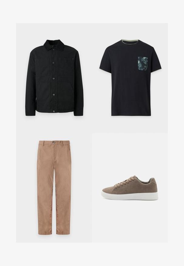 Schwarze Button-Up-Jacke mit Cordkragen und vier vorderen Taschen, präsentiert vor einem schlichten hellen Hintergrund.; Schwarzes T-Shirt mit kurzen Ärmeln, grünem Besatz am Kragen und an den Ärmeln sowie einer dunkel floral gemusterten Brusttasche auf der linken Seite.; TOM TAILOR REGULAR WASHED - Chino - caribou beige; Braune Wildledersneaker mit flachen weißen Gummisohlen, Schnürdesign, abgerundete Zehen und einer glatten Textur. Minimalistischer Stil mit dezenten Nähdetails.