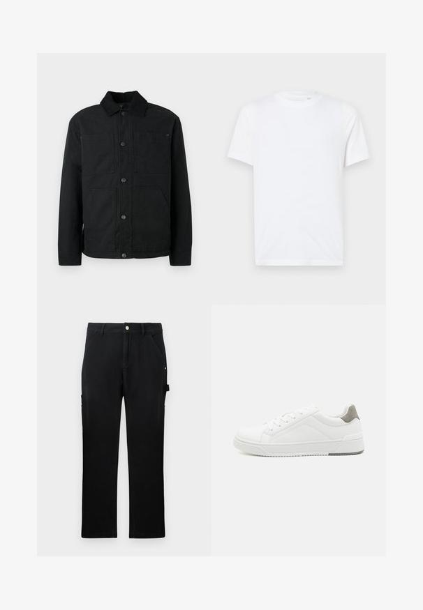 Zwarte button-up jas met een corduroy kraag en vier voorzakken, tentoongesteld tegen een effen lichte achtergrond.; Witte katoenen t-shirt met een ronde hals en korte mouwen. Bevat een klein, reliëf logo op de linkerkant van de borst. Gladde textuur.; Zwarte rechte werkbroek met voorzakken, riemlussen, knoopsluiting en zijgereedschapslus op een effen achtergrond.; Witte sneaker van glad leer met een ronde neus, minimalistisch ontwerp, grijze hielaccent en een geplaatste rubberen zool.