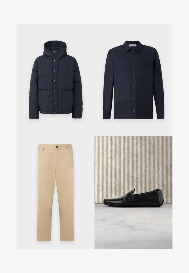 Marine pufferjack met capuchon, voorzien van drukknoopsluiting, twee voorzakken en gestikte panelen voor isolatie. Soepele textuur, warm ontwerp.; Samsøe Samsøe TAKA JO OVERSHIRT - Overhemd - dark blue; Beige katoenen broek met rechte pijpen, voorzien van een knoopsluiting aan de voorkant en zijzakken. Soepele textuur, minimale stikdetails.; Zwarte leren loafers met een glanzende afwerking, ronde neus en decoratieve hardware aan de voorkant. Laag profiel rubberen zool. Gladde textuur.