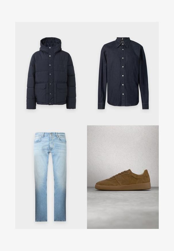 Marine pufferjack met capuchon, voorzien van drukknoopsluiting, twee voorzakken en gestikte panelen voor isolatie. Soepele textuur, warm ontwerp.; Donkerblauw denim overhemd met lange mouwen, een puntkraag en zilveren drukknopen aan de voorkant, met contrasterende stiksels.; Lichtblauwe, vervaagde rechtlopende jeans met klassieke vijfzakkenontwerp en knoopsluiting, getoond op een effen achtergrond.; Bruine suède sneaker met beige veters en rubberen zool. Heeft een afgeronde neus en gestikte details op het bovenwerk. Lichtgewicht ontwerp.