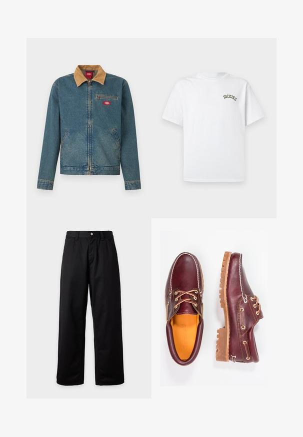 Veste en jean avec un col en velours côtelé marron, fermeture éclair à l'avant, poche poitrine et poches latérales. Couleur bleu clair avec des sections délavées et des accents cousus.; T-shirt en coton blanc à manches courtes et col rond. Présente un logo "DICKIES" vert brodé sur la zone gauche de la poitrine.; Pantalon noir à jambes larges avec passants pour ceinture, bouton devant et fermeture éclair, présenté sur un fond clair uni.; Chaussures en cuir bourgogne avec semelles en caoutchouc marron, bout rond, couture blanche et œillets dorés. L'intérieur présente une doublure jaune.