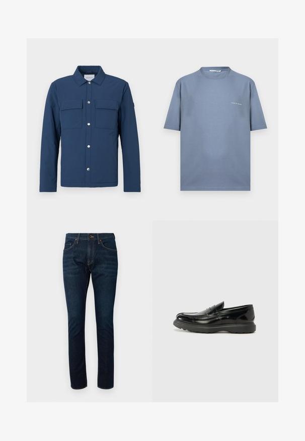 Chaqueta azul marino hecha de tela texturizada con un cierre de botones, dos bolsillos en el pecho y un cuello. Cuenta con botones a presión plateados.; Camiseta azul de manga corta y cuello redondo con el logotipo "Tiger of Sweden" impreso en pequeño texto blanco en el lado izquierdo del pecho.; Jeans de denim azul oscuro con un diseño ajustado, que cuentan con cinco bolsillos y costuras en contraste. La tela tiene una textura suave.; Mocasín de cuero negro con un acabado brillante, punta redondeada, detalles de costura sutiles y una suela de goma gruesa para mayor durabilidad.
