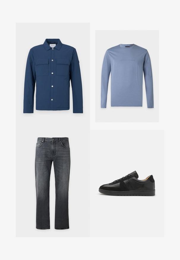 Marineblaue Jacke aus strukturiertem Stoff mit durchgängiger Knopfleiste, zwei Brusttaschen und Kragen. Mit silbernen Druckknöpfen.; Hellblaues Langarmshirt mit Rundhalsausschnitt und geprägtem Emporio Armani-Logo mittig auf der Brust vor weißem Hintergrund.; Schwarze Jeans mit geradem Bein, vorne mit Knopf- und Reißverschluss, Fünf-Taschen-Design und dezenten Verwaschungseffekten.; Tiger of Sweden BELLICU - Sneaker low - black