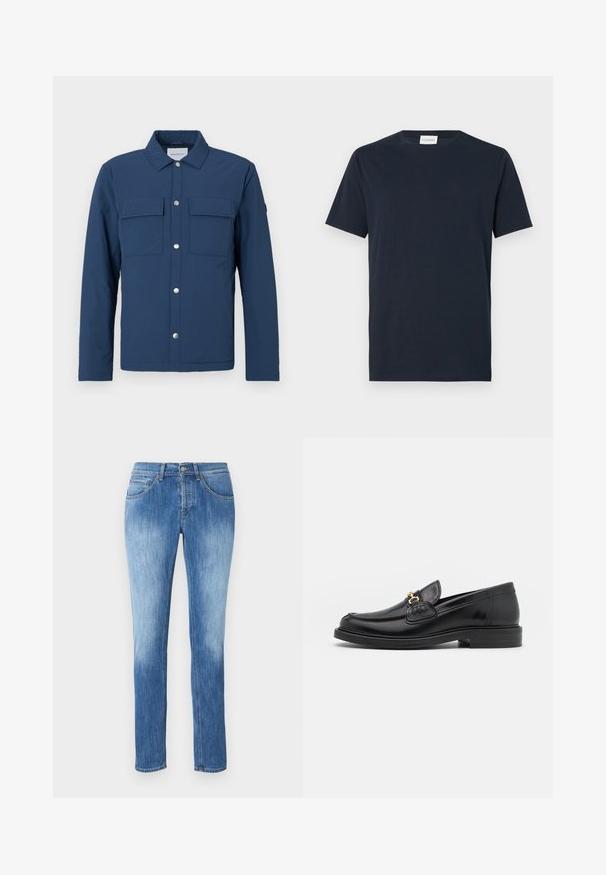 Chaqueta azul marino hecha de tela texturizada con un cierre de botones, dos bolsillos en el pecho y un cuello. Cuenta con botones a presión plateados.; Camiseta de manga corta azul marino hecha de algodón suave. Presenta un escote de barco y un diseño simple y limpio, sin patrones ni acentos.; Vaqueros ajustados de mezclilla en azul, con un lavado medio, cinco bolsillos, trabillas para cinturón y cierre de cremallera con botón.; Mocasines de cuero negro con punta redondeada, que cuentan con un detalle de herrajes dorados y costuras, situados sobre una suela de goma texturizada y baja.