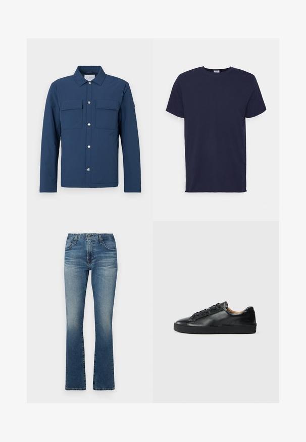 Veste bleu marine en tissu texturé avec un devant à boutons, deux poches poitrine et un col. Comprend des boutons pression en argent.; T-shirt bleu marine à manches courtes fabriqué en tissu doux. Présente un col rond et une coupe droite sans motifs ni accents.; Jean flare en denim de bleu moyen avec une finition délavée, présentant un design classique à cinq poches et des accents en métal.; Baskets en cuir noir avec une texture lisse, bout rond et fermeture à lacets. Comprend une semelle en caoutchouc épaisse et un minimum de détails de marque.