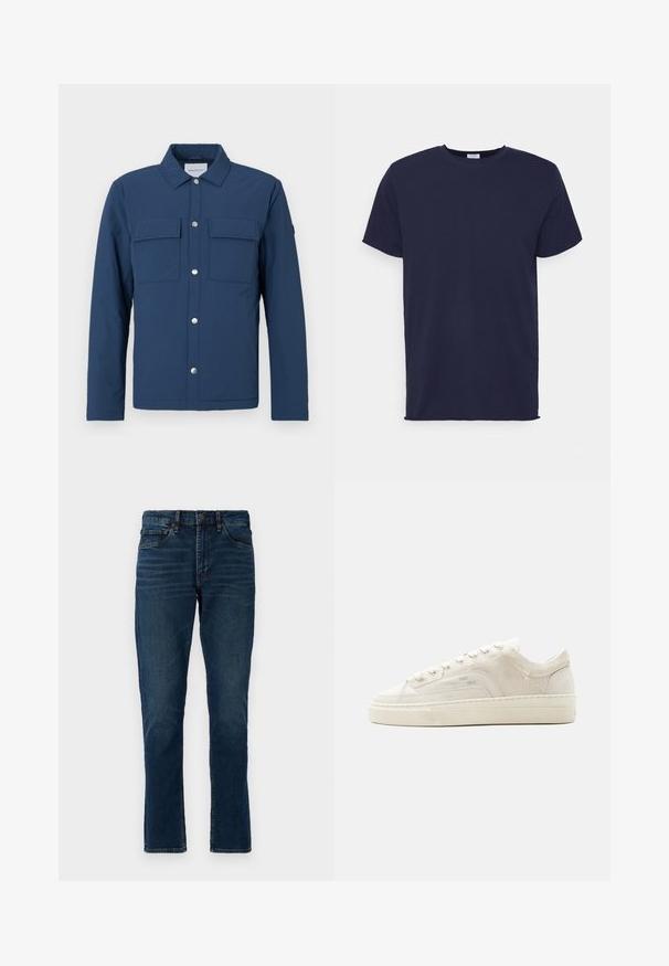 Chaqueta azul marino hecha de tela texturizada con un cierre de botones, dos bolsillos en el pecho y un cuello. Cuenta con botones a presión plateados.; Camiseta de manga corta azul marino hecha de tela suave. Presenta un cuello redondo y un corte recto sin patrones ni acentos.; Vaqueros de denim azul oscuro con corte recto, cinco bolsillos, trabillas para cinturón y detalles de desvanecimiento sutil. Costuras cosidas y cierre de botón.; Zapatilla blanca de caña baja con cierre de cordones, parte superior de tela texturizada y suela gruesa de goma, mostrada desde el lado exterior sobre un fondo llano.