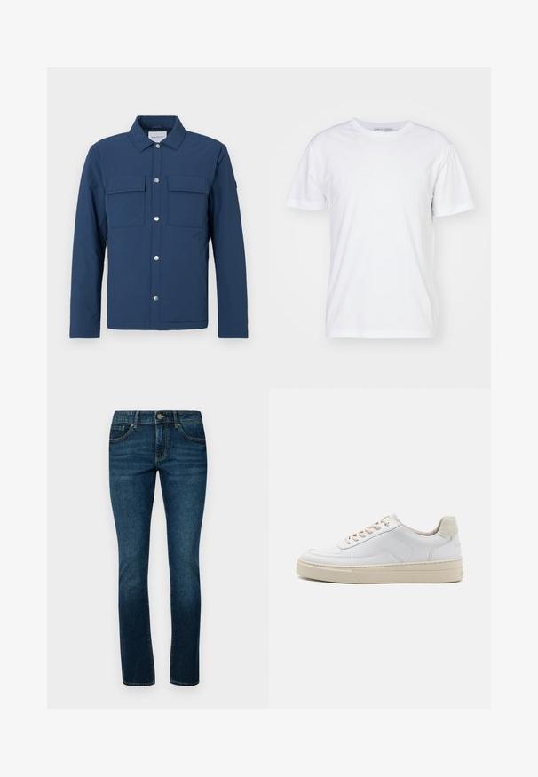 Marineblaue Jacke aus strukturiertem Stoff mit durchgängiger Knopfleiste, zwei Brusttaschen und Kragen. Mit silbernen Druckknöpfen.; Weißes Baumwoll-T-Shirt mit Rundhalsausschnitt, kurzen Ärmeln und geradem Schnitt. Keine Muster oder Verzierungen, glatte Textur und schlichtes Design.; Dunkelblaue Denim-Jeans mit einem klassischen, geraden Schnitt, Fünf-Taschen-Design und robuster metallener Knopfverschlusion an der Taille.; Weiße Sneaker mit einem glatten Lederobermaterial, beigen Schnürsenkeln und einer strukturierten, beigen Wildleder-Fersenschlaufe. Erhöhte Sohle für zusätzlichen Komfort.