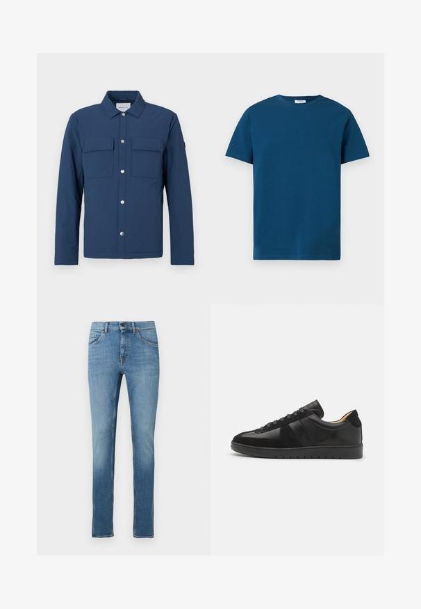 Marineblaue Jacke aus strukturiertem Stoff mit durchgängiger Knopfleiste, zwei Brusttaschen und Kragen. Mit silbernen Druckknöpfen.; Dunkelblaues T-Shirt mit Rundhalsausschnitt aus weicher Baumwolle, mit kurzen Ärmeln und einfacher, glatter Textur sowie geradem Schnitt.; Hellblaue Jeans aus Denim mit gerade geschnittenen Beinen, ausgestattet mit einem Knopfverschluss vorne, fünf Taschen und kontrastierenden Nähten.; Tiger of Sweden BELLICU - Sneaker low - black