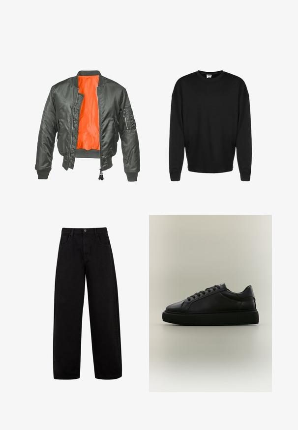 Chaqueta bomber de color verde oliva con cierre de cremallera en el frente, puños acanalados y forro de nylon naranja. Incluye un bolsillo lateral con cremallera.; Sudadera negra de manga larga con cuello redondo, puños acanalados y corte relajado, exhibida sobre un fondo blanco.; Jeans anchos negros de mezclilla, con bolsillos delanteros, cierre de botón y un diseño limpio y minimalista sin patrones visibles.; Zapatilla negra de piel con corte bajo, suela gruesa de goma y cordones negros, vista de perfil sobre fondo liso y claro.