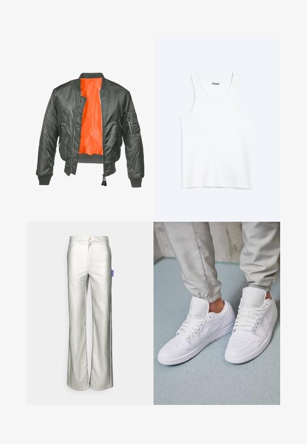 Chaqueta bomber de color verde oliva con cierre de cremallera en el frente, puños acanalados y forro de nylon naranja. Incluye un bolsillo lateral con cremallera.; Camiseta sin mangas blanca con cuello redondo y etiqueta de la marca Weekday en el interior del cuello trasero, mostrada plana sobre un fondo claro.; Nikolaj Storm CHACOLA PANTS - Pantalones - silver-coloured; Las zapatillas deportivas de cuero blanco cuentan con una caja de dedos perforada, cordones planos, un cuello acolchado y el logo de Jordan en la lengüeta. Las llevan puestas con pantalones joggers grises.