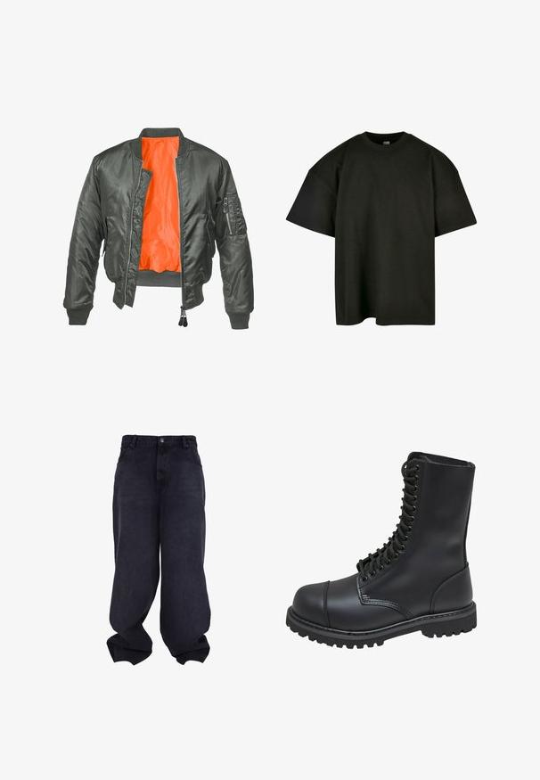 Veste bombers vert olive avec une fermeture éclair à l'avant, des poignets côtelés et une doublure en nylon orange. Elle dispose d'une poche latérale avec une fermeture éclair.; T-shirt noir surdimensionné en coton doux. Présente un col rond et des manches courtes, avec une texture lisse et un design minimaliste.; Jeans baggy noirs oversize avec fermeture avant à boutons et fermeture éclair, poches avant et jambes larges et amples.; Botte de combat en cuir noir avec un haut tige, fermeture lacée à l'avant, col rembourré et semelle texturée robuste pour une meilleure adhérence. Dotée d'un capuchon de protection renforcé.