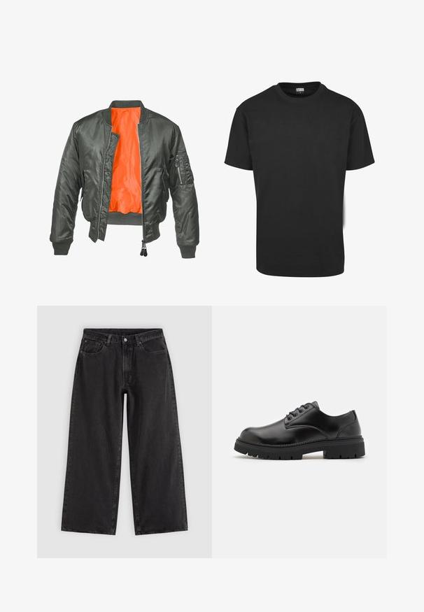 Chaqueta bomber de color verde oliva con cierre de cremallera en el frente, puños acanalados y forro de nylon naranja. Incluye un bolsillo lateral con cremallera.; Camiseta negra de algodón con mangas cortas, cuello redondo y un ajuste estándar. La tela parece suave y sin adornos.; Vaqueros negros de pierna ancha con bolsillos delanteros, trabillas para cinturón y cierre de botones, mostrados sobre un fondo liso y claro.; Zapatos de cuero negro con punta redondeada, diseño con cordones y una suela de goma gruesa y texturizada. Presentan costuras a lo largo del borde y un acabado suave.