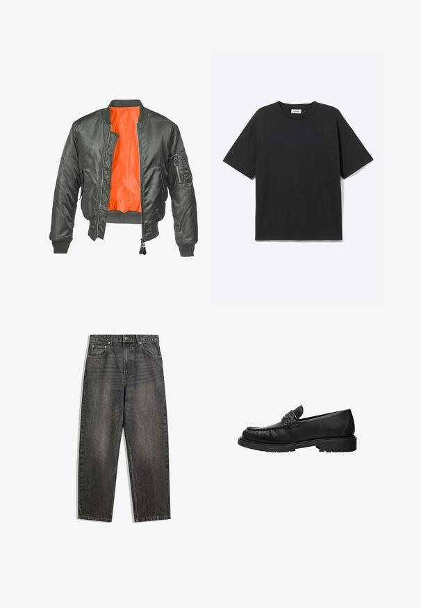 Olivenfarvet bomberjakke med lynlås foran, ribbede ærmer og en orange nylonforing. Har en sidelomme med lynlås.; Sort T-shirt med korte ærmer og rund hals med afslappet pasform, forfra, ensfarvet design og synligt Weekday-mærke inde i kraven.; Sorte denimjeans med en afslappet pasform, som har fem lommer, knaplukning og en subtil falmning i stofstrukturen.; Sort læderloafer med syninger på toppen, nitter på remmen og tyk gummisål, vist i profil på hvid baggrund.