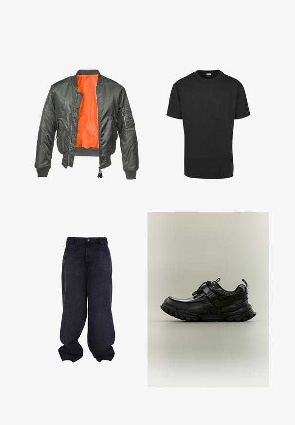Chaqueta bomber de color verde oliva con cierre de cremallera en el frente, puños acanalados y forro de nylon naranja. Incluye un bolsillo lateral con cremallera.; Camiseta negra de manga corta con cuello redondo, ajuste regular y etiqueta Urban Classics en el interior del cuello.; Vaqueros negros oversize y holgados con cierre delantero de botón y cremallera, bolsillos frontales y perneras anchas y sueltas.; Zapatilla deportiva negra, voluminosa, con correa ajustable, cierre de cordones y suela resistente, mostrada de perfil sobre fondo neutro.