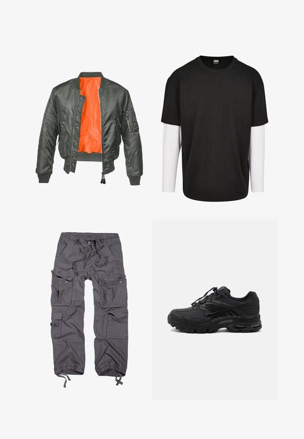 Chaqueta bomber de color verde oliva con cierre de cremallera en el frente, puños acanalados y forro de nylon naranja. Incluye un bolsillo lateral con cremallera.; Camiseta negra de manga corta con una capa de manga larga blanca debajo. Hecha de algodón, con un cuello redondo y un corte relajado.; Pantalones cargo grises con múltiples bolsillos, cintura con cordón, cierre de botón, puños ajustados y un acabado de tela texturizada.; Zapatilla deportiva negra con tejido texturizado, suela gruesa y acolchada, ventilaciones y cierre con cordones, mostrada de lado sobre un fondo claro.