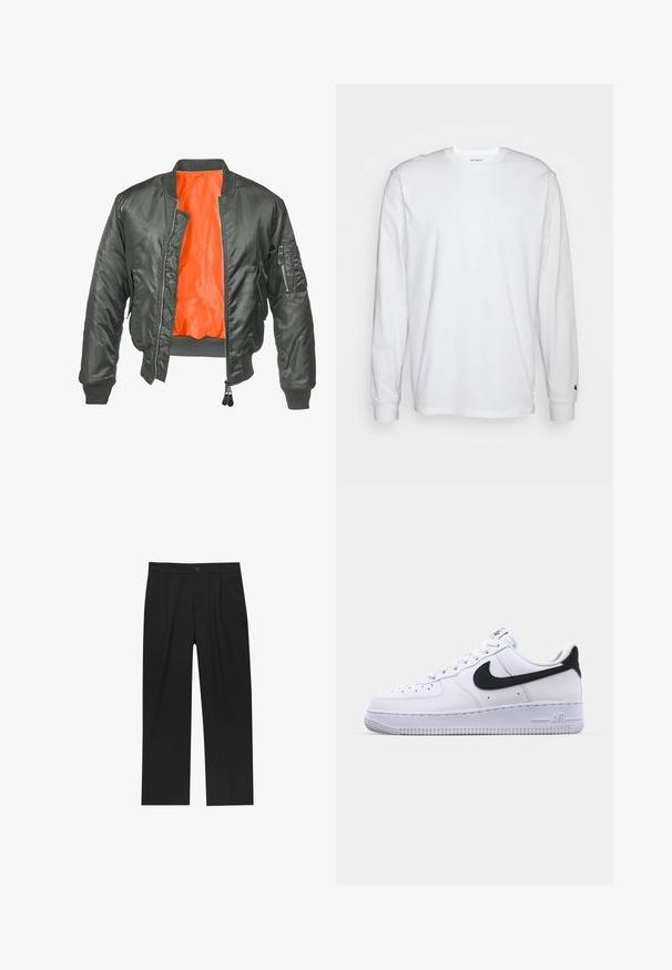 Olivenfarvet bomberjakke med lynlås foran, ribbede ærmer og en orange nylonforing. Har en sidelomme med lynlås.; Hvid langærmet T-shirt lavet af bomuld. Rund halsudskæring med ribbede manchetter og et lille logo på venstre ærme. Glat tekstur.; Sorte bukser med lige ben, lavet af et glat stof. Har frontfolder og en enkelt knaplukning i taljen.; Hvide lædersneakers med en struktureret sort Swoosh, flade snørebånd og en gummisål med et rillemønster. "AIR" er præget på hælen.