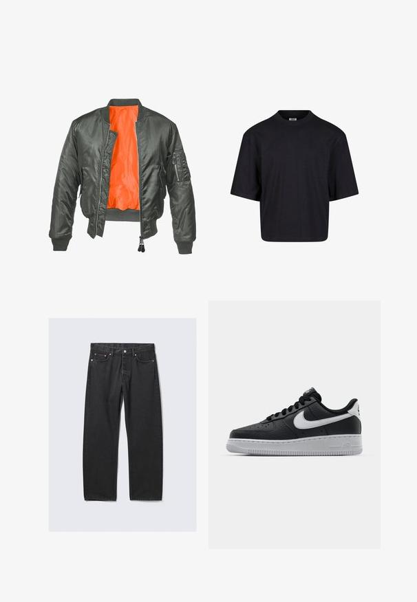 Olivenfarvet bomberjakke med lynlås foran, ribbede ærmer og en orange nylonforing. Har en sidelomme med lynlås.; Sort bomulds t-shirt med rund halsudskæring, korte ærmer og en oversized pasform. Glat tekstur og minimalistisk design. Ingen synlige logoer.; Sorte jeans med lige ben, fem lommer og knaplukning i taljen, lagt fladt på en lys baggrund.; Sort lædersneaker med tekstureret overflade, hvid Nike swoosh, grå sål, rund tå og snørebåndsdesign. Har perforeringer på tåboksen.