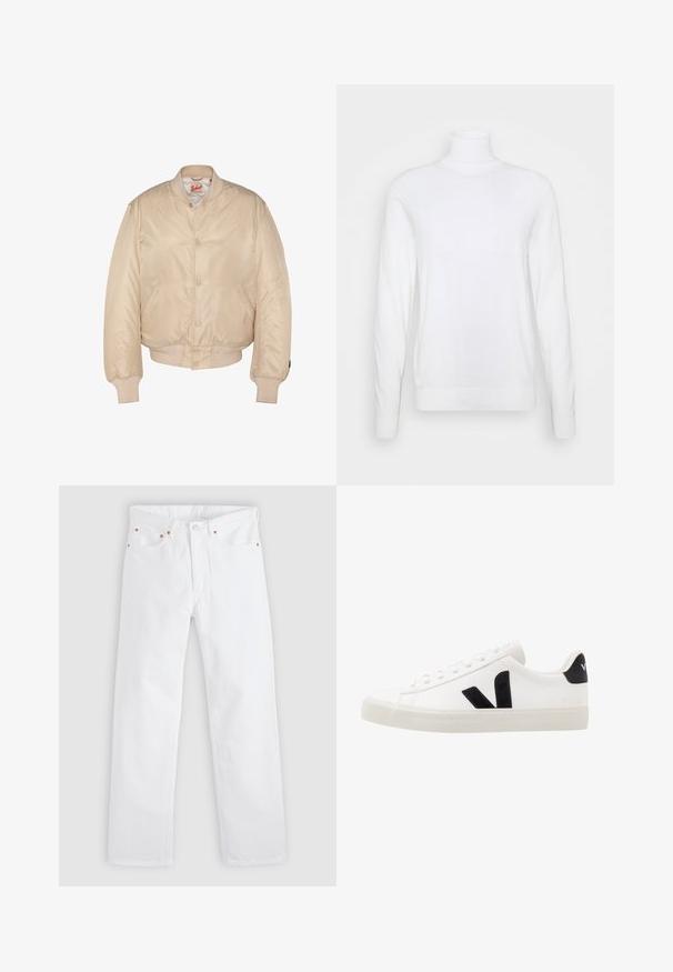 Veste bomber beige avec fermeture à boutons-pression, col, poignets et ourlet côtelés, dotée de poches latérales et d'une étiquette de marque Schott à l'intérieur du col.; Pull à col roulé blanc avec des manches longues, fabriqué en tissu lisse. Présente un design ajusté et des poignets et un ourlet côtelés. Pas de motifs ni d'accents.; Jean blanc à jambes droites avec conception à cinq poches, fermeture par bouton et fermeture éclair, et détails en rivets de cuivre sur les poches.; Sneaker blanche en cuir avec des accents en daim noir ; dispose d'une semelle en caoutchouc, d'un bout rond et d'un design classique à lacets. Logo latéral en noir.