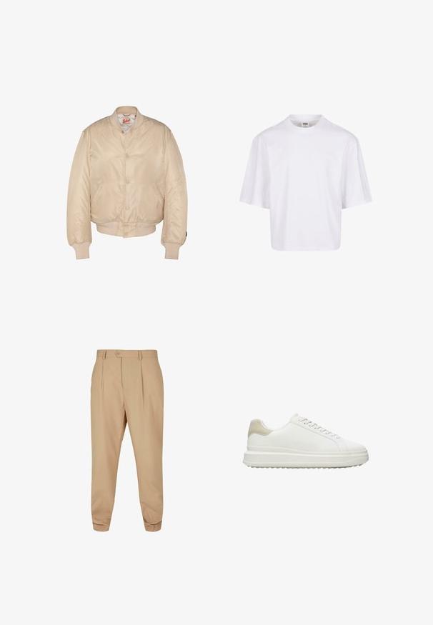 Veste bomber beige avec fermeture à boutons-pression, col, poignets et ourlet côtelés, dotée de poches latérales et d'une étiquette de marque Schott à l'intérieur du col.; T-shirt blanc à manches courtes avec un col rond et une coupe décontractée, fabriqué à partir d'un tissu en coton mélangé doux. Aucun motif ni embellissement.; Pantalons beiges ajustés avec des plis, fermeture à bouton, passants de ceinture et jambes fuselées sur fond blanc.; Baskets blanches en cuir lisse avec un accent beige texturé au talon, dotées de lacets ronds, d'un design profil bas et d'une semelle extérieure en caoutchouc.