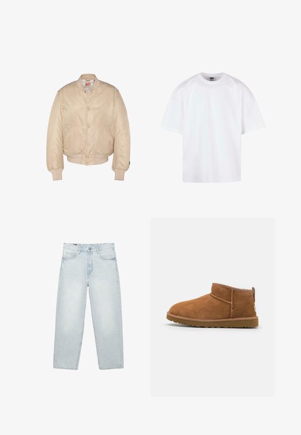 Veste bomber beige avec fermeture à boutons-pression, col, poignets et ourlet côtelés, dotée de poches latérales et d'une étiquette de marque Schott à l'intérieur du col.; T-shirt blanc à manches courtes avec un col rond, en coton, présentant une coupe décontractée et des détails de couture minimaux.; Jean bleu clair taille haute à jambes droites avec bouton et fermeture éclair à l'avant, passants pour ceinture, et design à cinq poches sur fond blanc.; Bottine en suède beige avec un bout rond, des détails de couture subtils et une semelle en caoutchouc texturée. Hauteur courte sans lacets.