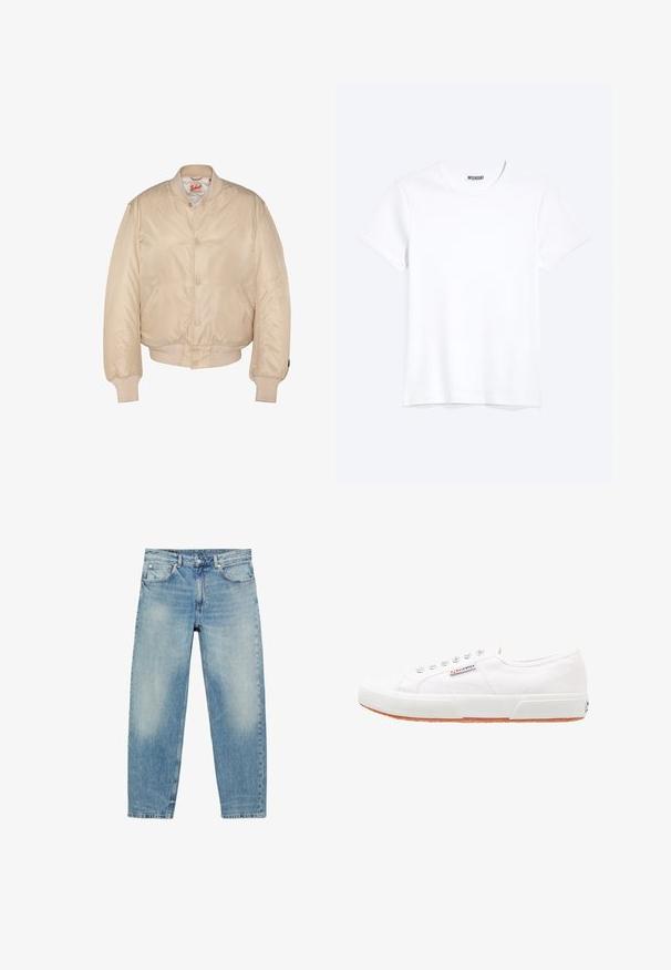 Veste bomber beige avec fermeture à boutons-pression, col, poignets et ourlet côtelés, dotée de poches latérales et d'une étiquette de marque Schott à l'intérieur du col.; T-shirt blanc uni à manches courtes et col rond avec une étiquette de la marque WEEKDAY visible au niveau du col, présenté sur un fond clair.; Jean droit en denim bleu avec poches avant et passants de ceinture, présentant des détails légèrement décolorés sur les cuisses et les genoux.; Baskets en toile blanches avec une semelle en caoutchouc, design à lacets et une petite étiquette logo sur le côté. Tige blanche texturée et semelle extérieure marron.