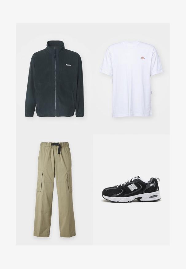 Veste en polaire noire avec un col haut, fermeture éclair à l'avant et deux poches latérales. Comprend un logo discret sur la poitrine.; T-shirt en coton blanc avec un col en V et des manches courtes. Présente un petit logo coloré brodé sur la poitrine gauche. Texture douce.; Pantalons cargo olive clair avec taille élastique et ceinture, dotés de deux poches latérales et d'une texture lisse, conçus pour le confort et la fonctionnalité.; Baskets de sport noires et grises avec un tige en mesh et en suède, présentant une semelle intermédiaire blanche, des lacets et un logo "N" audacieux sur le côté.