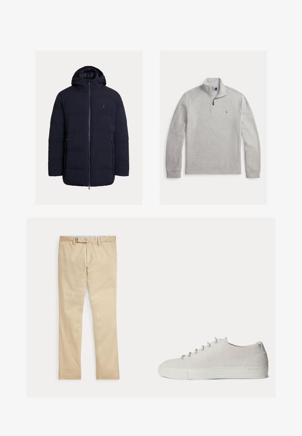 Veste matelassée bleu marine avec fermeture éclair à l'avant, capuche et poches latérales. Fabriquée en matériau lisse et léger avec un design à panneaux cousus.; Pull gris clair à manches longues avec col zippé au quart et petit logo brodé sur la poitrine gauche.; Pantalon beige à jambes droites avec passants de ceinture et braguette zippée à l'avant, posé à plat sur un fond blanc.; Baskets basses blanches en suède avec lacets à l’avant et semelle en caoutchouc, design minimaliste.