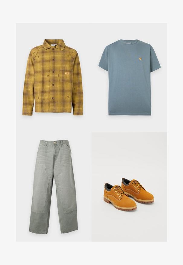 Chemise à carreaux jaune et marron avec boutons, manches longues, col et petites broderies florales. Comprend une poche poitrine.; T-shirt Carhartt bleu à manches courtes avec petit logo jaune sur la poitrine gauche, posé à plat sur fond blanc.; Pantalon gris taille haute, coupe ample, jambes larges, grandes poches plaquées devant, passants pour ceinture et fermeture par bouton.; Chaussures en daim marron avec un bout rond, des lacets jaunes, un col rembourré noir et des semelles en caoutchouc avec des rainures de traction.