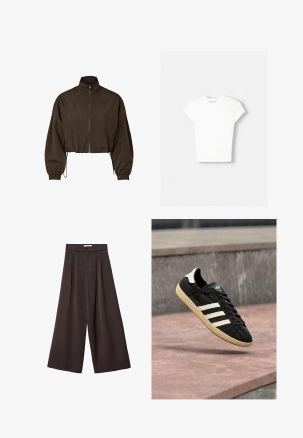Veste courte marron foncé avec col montant, fermeture éclair à l'avant, manches longues bouffantes, poignets élastiques et cordons de serrage ajustables à l'ourlet.; T-shirt blanc à manches courtes en coton doux, avec un col rond et une coupe ajustée. Pas de motifs ni d'ornements visibles.; Pantalon à jambes larges en tissu brun foncé, avec des plis, une fermeture par bouton, et une texture lisse ; longueur cheville avec une coupe ajustée.; Baskets Adidas noires avec des bandes blanches et une semelle beige, capturées en plein air au-dessus d'une surface en pierre et d'un mur en pierre en arrière-plan.