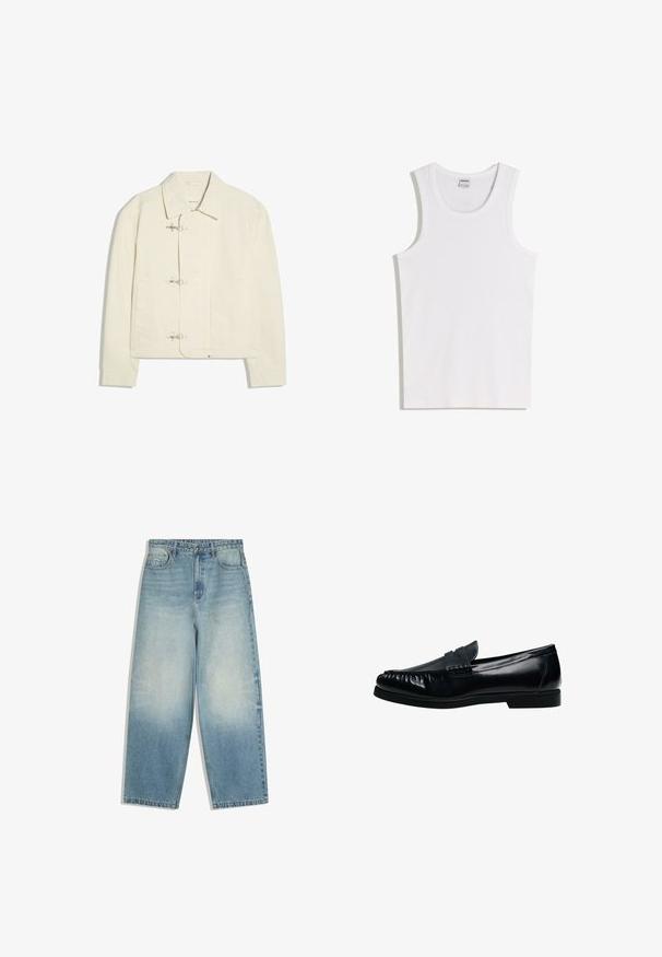Veste blanc cassé avec un col et trois fermoirs à bascule argentés sur le devant, avec deux poches latérales et des manches longues.; Débardeur blanc en coton avec un col rond et de larges bretelles. Texture lisse, sans motifs ni accents, design simple.; Jean denim bleu clair à jambes larges avec poches avant, fermeture par bouton, et effet délavé sur les cuisses et les genoux.; Mocassin penny loafer pour homme en cuir noir avec bout moc cousu et petit talon, présenté de profil sur fond blanc.