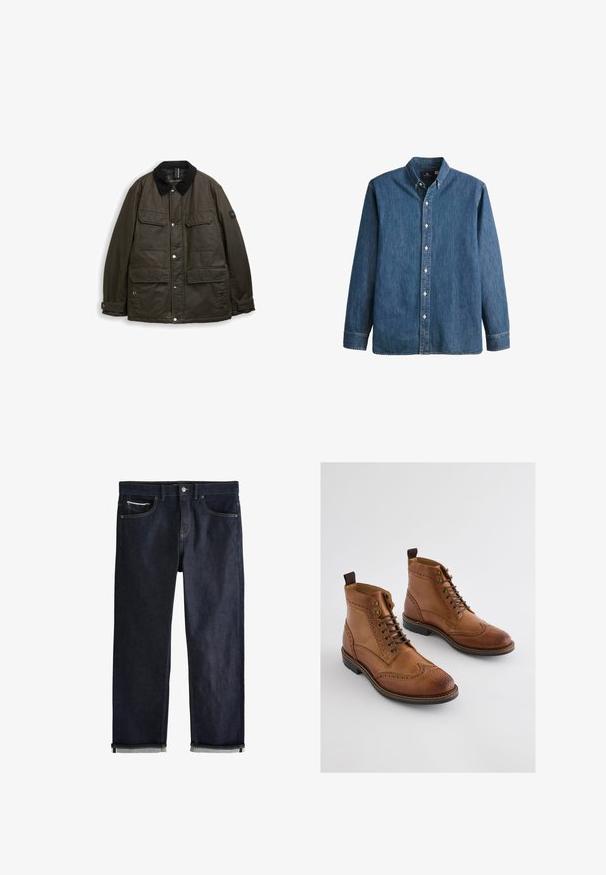 Chaqueta de manga larga verde oscuro con collar de pana negra, cuatro bolsillos frontales con solapa, botones a presión y puños ajustables.; Camisa de mezclilla de botón en azul medio, con mangas largas, collar puntiagudo, botones blancos y un corte ajustado con un sutil bordado de logo.; Vaqueros de mezclilla azul oscuro con un ajuste recto clásico, que cuentan con cinco bolsillos, cierre de botones y puños doblados que muestran un forro azul claro.; Botas cortas de cuero marrón con detalles de brogue, con cierre de cordones, ojetes de metal y suela de goma negra en contraste.