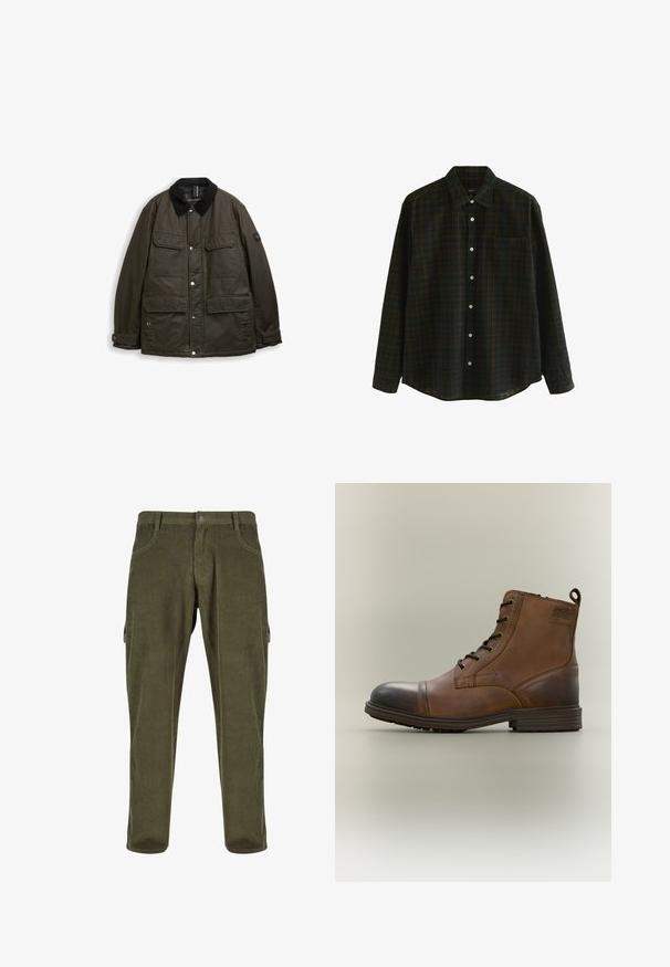 Veste longue à manches longues vert foncé avec col en velours côtelé noir, quatre poches avant à rabat, boutons-pression et poignets ajustables.; Chemise en flanelle à carreaux noirs et verts, manches longues, style boutonné, poche poitrine simple, texture douce, boutons blancs, ourlet arrondi.; Pantalons en velours côtelé vert olive avec une coupe droite, poches avant et poches latérales de style cargo. Texture côtelée verticale sur l'ensemble.; Botte cheville en cuir marron à lacets avec bout noir, semelle ronde et détail de marque sur le côté sur fond uni.