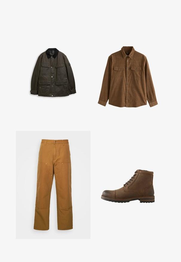 Veste longue à manches longues vert foncé avec col en velours côtelé noir, quatre poches avant à rabat, boutons-pression et poignets ajustables.; Chemise en velours côtelé marron à manches longues avec boutons-pression à l'avant et deux poches poitrine boutonnées, posée à plat sur un fond blanc.; Pantalons utilitaires en coton marron avec une coupe droite, dotés de poches avant et d'accents en métal pour une durabilité accrue.; Bottine en cuir marron avec laçage à l'avant et semelle robuste, conçue pour une utilisation décontractée ou en extérieur.