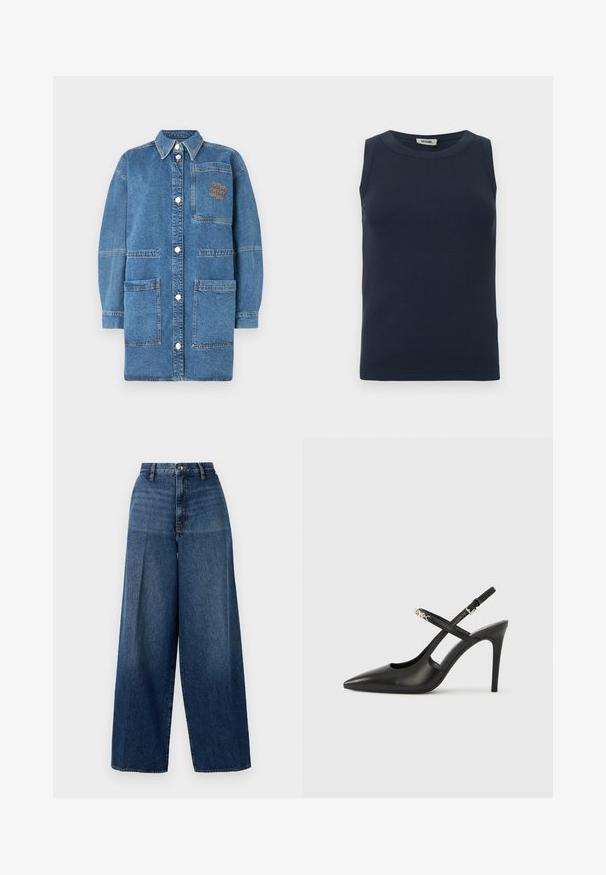 Denim-Oberbekleidung in Hellblau, mit einem Kragen, langen Ärmeln, Druckknöpfen und einer Brusttasche mit kontrastierenden Stitching-Details.; Dunkelmarinefarbenes ärmelloses Oberteil aus geripptem Stoff. Verfügt über einen Rundhalsausschnitt und ein figurbetontes Design ohne zusätzliche Akzente oder Muster.; Weite Denim-Jeans in Dunkelblau. Mit hoher Taille, Reißverschluss und dezentem Verblassen. Aus strukturiertem Baumwollstoff gefertigt.; Schwarze Slingback-Pumps aus Leder mit spitz zulaufender Spitze, Cut-Out-Design und verstellbarem Riemen mit metallischem Beschlag.