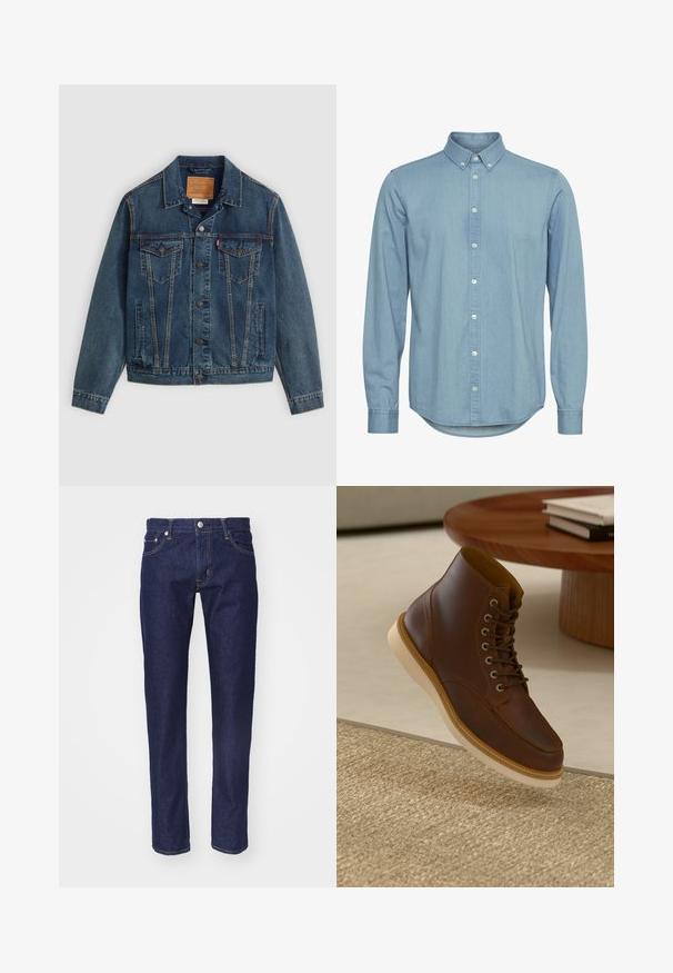 Dunkelblaues Denim-Jacket im klassischen Schnitt, mit Knopfverschluss, zwei Brusttaschen und markanter Naht entlang der Nähte.; Helle blaue Jeanshemd mit Button-Down-Kragen, langen Ärmeln und abgerundetem Saum. Verfügt über eine Vorderleiste mit weißen Knöpfen.; Marineblaue Denim-Jeans mit geradem Schnitt, fünf Taschen, kontrastierendem orangenem Nahtdesign und einem silbernen Knopfverschluss an der Taille.; Braune Leder-Ankle-Boots mit beiger Sohle auf einem strukturierten beigen Teppich neben einem runden Holztisch mit gestapelten Büchern.