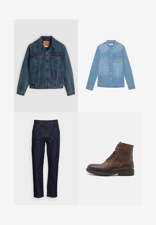 Dunkelblaues Denim-Jacket im klassischen Schnitt, mit Knopfverschluss, zwei Brusttaschen und markanter Naht entlang der Nähte.; Hellblaues Denim-Hemd mit Knopfleiste, langen Ärmeln, spitzem Kragen, einer Brusttasche und dezentem Verblassen des Stoffes.; Dunkelblaue Denim-Jeans mit geradem Schnitt, fünf Taschen und kontrastierendem gelben Nähten. Mit einem klassischen Knopf- und Reißverschluss ausgestattet.; Jack & Jones JFWDELANEY BOOT - Schnürstiefelette - cognac