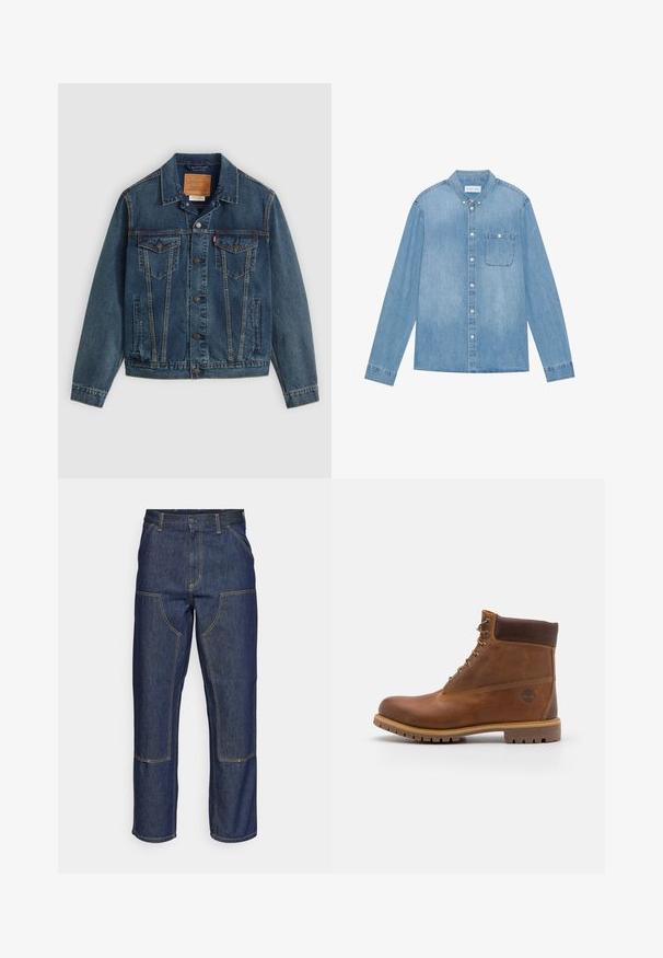 Dunkelblaues Denim-Jacket im klassischen Schnitt, mit Knopfverschluss, zwei Brusttaschen und markanter Naht entlang der Nähte.; Hellblaues Denim-Hemd mit Knopfleiste, langen Ärmeln, spitzem Kragen, einer Brusttasche und dezentem Verblassen des Stoffes.; Dunkelblaue Jeans aus Denim mit hoher Taille, geradem Bein-Design, kontrastierenden Nähten und aufgesetzten Taschen auf der Vorderseite.; Braune Lederwanderschuhe mit glatter Oberfläche, gepolstertem Knöchel, Metallösen und einer Gummisohle mit robustem Profil.