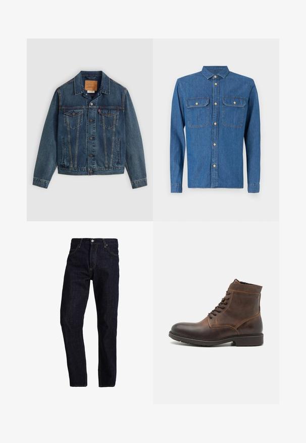 Jeanjakke i mørkeblå med klassisk snit, knaplukning, to brystlommer og karakteristisk syning langs sømmene.; Denim skjorte i mørkeblå, langærmet med knapmanchetter, spids krave, to brystlommer og frontknaplukning med guldfarvet hardware.; Mørkeblå denim jeans med lige pasform, med gul syning, fem lommer og en klassisk knap- og lynlås lukning.; Jack & Jones JFWDELANEY BOOT - Snørestøvletter - cognac