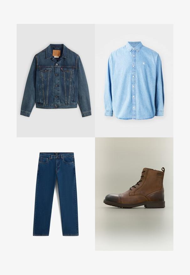 Veste en jean bleu foncé au style classique, fermeture à boutons, deux poches poitrine et couture distinctive le long des coutures.; Chemise en denim bleu clair à boutons avec manches longues, col pointu et petit logo sur la poitrine gauche. Offre une coupe décontractée et un design classique.; Jean bleu droit avec cinq poches, passants de ceinture, fermeture à bouton et étiquette de la marque Vans à la taille.; Botte cheville en cuir marron à lacets avec bout noir, semelle ronde et détail de marque sur le côté sur fond uni.