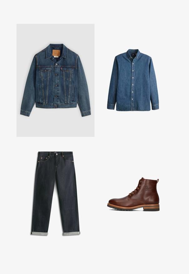 Donkerblauwe denimjas met een klassieke snit, knoopsluiting, twee borstzakken en opvallende stiksels langs de naden.; Denim overhemd met knopen in middelblauwe kleur, met lange mouwen, een puntkraag, witte knopen en een getailleerde pasvorm met subtiele geborduurde logo.; Donkerblauwe spijkerbroek met omgeslagen boorden, vijf zakken en contrasterende stiksels, plat uitgespreid op een witte achtergrond.; Bruine leren enkellaars met ronde neus, vetersluiting, contrasterende hak en zolen, en een reliëflogo op de zijkant.