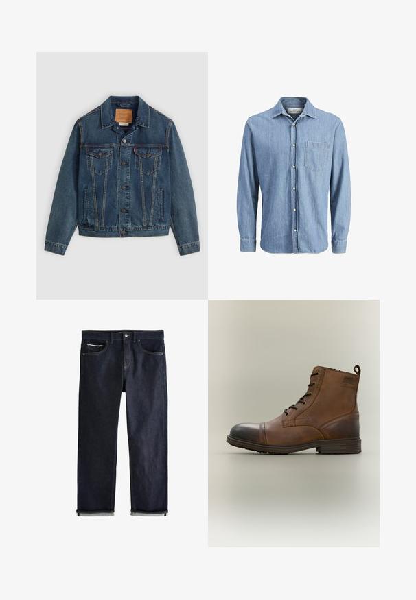 Donkerblauwe denimjas met een klassieke snit, knoopsluiting, twee borstzakken en opvallende stiksels langs de naden.; Lichtblauwe denim overhemd met een button-down kraag, lange mouwen, een borstzak en een geborduurd logo op de zak.; Donkerblauwe spijkerbroek met opgerolde pijpen, knoop- en ritssluiting, voor- en muntzakken en contrasterende stiksels op een witte achtergrond.; Bruine leren enkellaars met veters, zwarte neuskap, ronde zool en merkdetail aan de zijkant tegen een effen achtergrond.