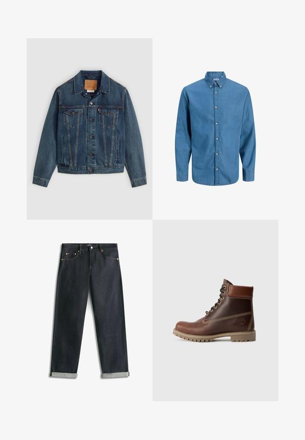 Dunkelblaues Denim-Jacket im klassischen Schnitt, mit Knopfverschluss, zwei Brusttaschen und markanter Naht entlang der Nähte.; Blaue Hemdbluse aus Denim mit Kragen und langen Ärmeln. Schlichte Textur mit sichtbaren Knöpfen auf der Vorderseite.; Dunkelblaue Denim-Jeans mit umgeschlagenen Bündchen, fünf Taschen und kontrastierender Naht, flach auf weißem Hintergrund liegend.; Braune Leder-Schnürstiefelette mit gepolsterter Knöchelpartie, kontrastierenden Nähten und robustem Sohlendesign, von der Außenseite auf einem weißen Hintergrund gezeigt.