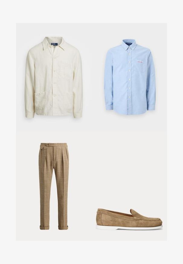 Lys beige linned knap-up skjorte med spids krave, forbudt lomme og to nederste lommer; struktureret stof med en afslappet pasform.; Lyseblå skjorte med lange ærmer, knapper foran, knappet krave, forlommel og "Polo Sport Ralph Lauren" logo broderet på lommen.; Brune ternede bukser med høj talje med folder, opsmøgede kanter, sidelommer og en knappet stropdetalje ved linningen.; Lysebrun ruskindsløber med hvid sål, mokkasynsting og slip-on design vist fra siden på en ensfarvet baggrund.