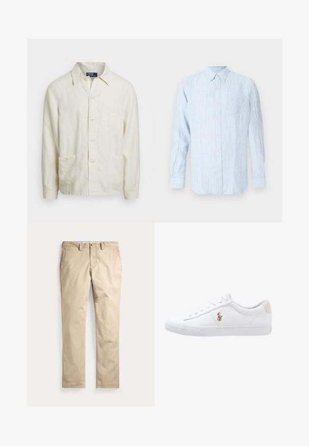 Camisa abotonada de lino beige claro con cuello puntiagudo, bolsillo frontal y dos bolsillos inferiores; tela texturada con un corte relajado.; Camisa de botones a rayas azul claro con mangas largas, cuello con solapa, bolsillo en el pecho y un pequeño detalle de logo en rosa.; Pantalones chinos beige de frente plano con trabillas para cinturón, bolsillos laterales y cierre con botón en la cintura sobre fondo blanco.; Zapatilla de lona blanca con diseño de corte bajo, que cuenta con un taco trasero beige y un pequeño logo bordado en el costado. Suela de goma.