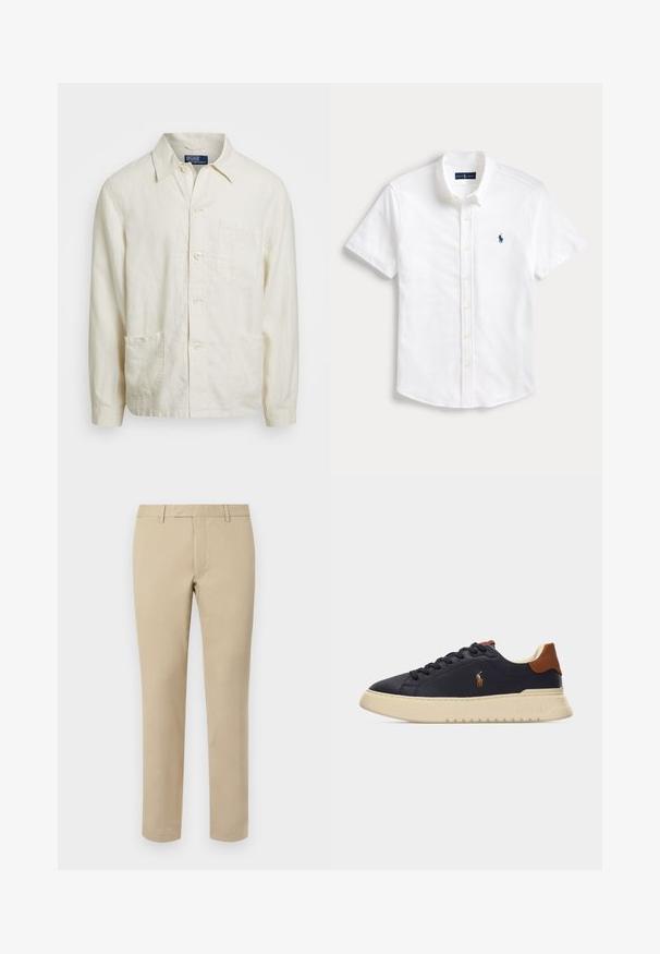 Lys beige linned knap-up skjorte med spids krave, forbudt lomme og to nederste lommer; struktureret stof med en afslappet pasform.; Hvid kortærmet skjorte med knapper, krave og et lille marineblåt broderet polospiller-logo på venstre bryst.; Beige bomuldsbukser med lige pasform, der har bæltesløjfer, glat front og skræddersyede søm. Glat tekstur og minimal detaljer.; Sort lav sneaker med cremefarvet sål, brun hælflig, Polo Ralph Lauren hestelogo på siden og sorte snørebånd på en ensfarvet baggrund.