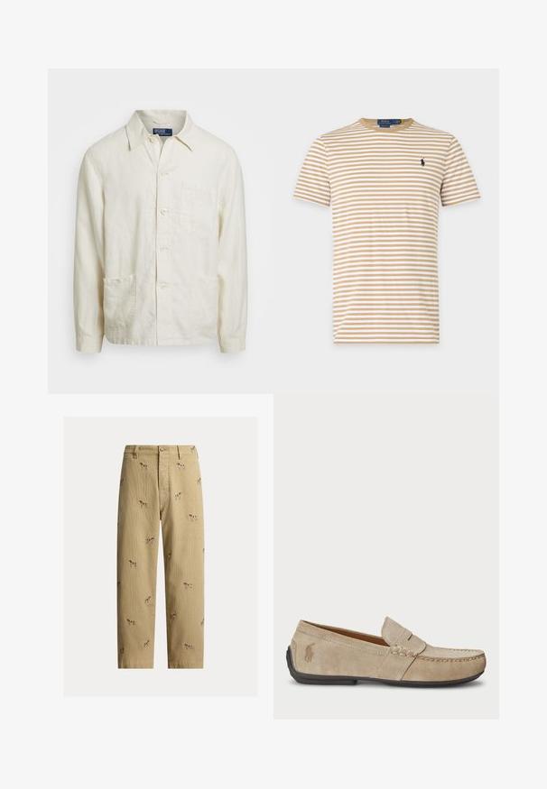 Camisa abotonada de lino beige claro con cuello puntiagudo, bolsillo frontal y dos bolsillos inferiores; tela texturada con un corte relajado.; Camiseta de rayas beige y blanca de manga corta y cuello redondo con pequeño logo oscuro bordado en el pecho izquierdo.; Pantalones de pana beige con diseños bordados de perros, corte recto y estilo de cinco bolsillos con cierre de botón frontal.; Mocasines de ante beige con detalle cosido, suela de goma plana y un pequeño logotipo en el lateral. Diseño clásico de slip-on, textura suave.